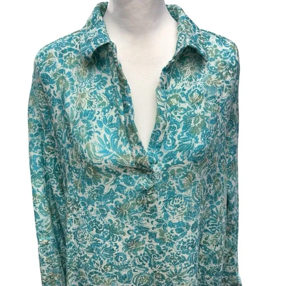 Rip Skirt Hawaii Travel Long Midi Dress Size XL Al Mare Cotton Gauze Roll Sleeve - Picture 2 of 10